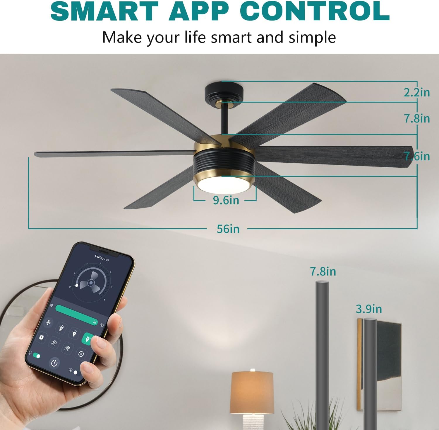 SHOWDI Ceiling Fans with Lights and Remote, Black-Gold, 56 in | 2 Blade Color, Metal Material, App Remote Control, Timer, Reversible, 3CCT, Dimmable for Bedroom, Living room, Indoor
