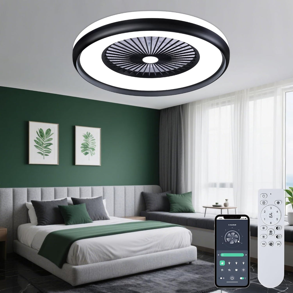 24' Bladeless Ceiling Fan with Light Remote, Low Profile Ceiling Fans with App Control, Smart Modern Ceiling Fans with Lights, 3 Dimmable LED Light for Bedroom, Living Room Back