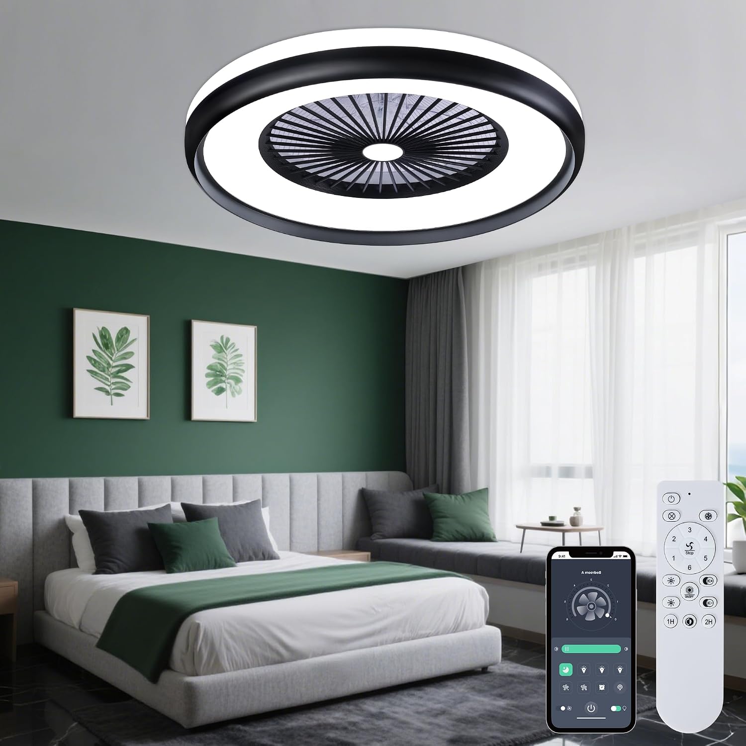 24' Bladeless Ceiling Fan with Light Remote, Low Profile Ceiling Fans with App Control, Smart Modern Ceiling Fans with Lights, 3 Dimmable LED Light for Bedroom, Living Room Back