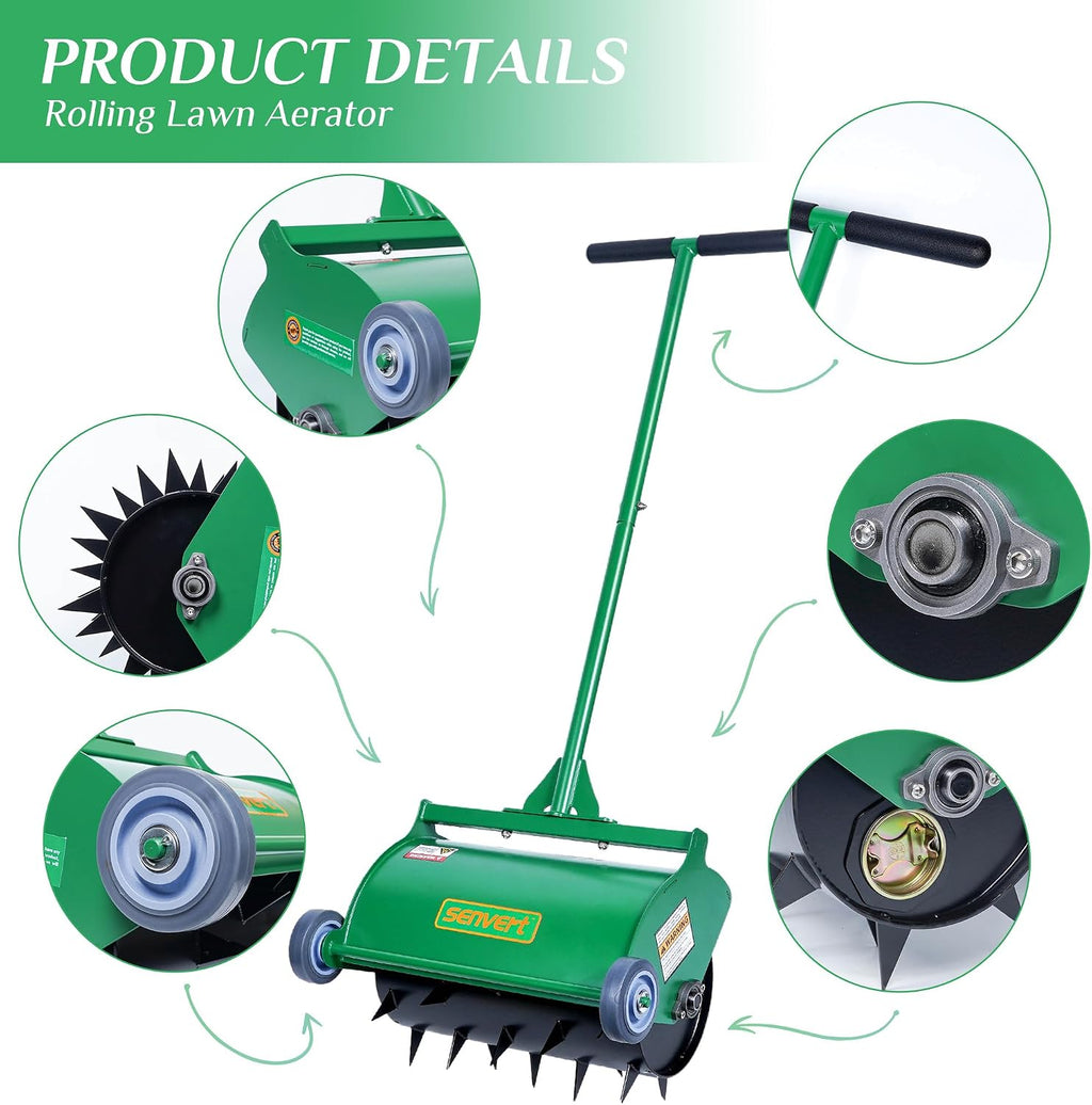 Rolling Lawn Aerator, Heavy Duty Push Spike Aeration Tool Up to 55 lbs, Manual Rotary Grass Aerator for Garden and Yard Use