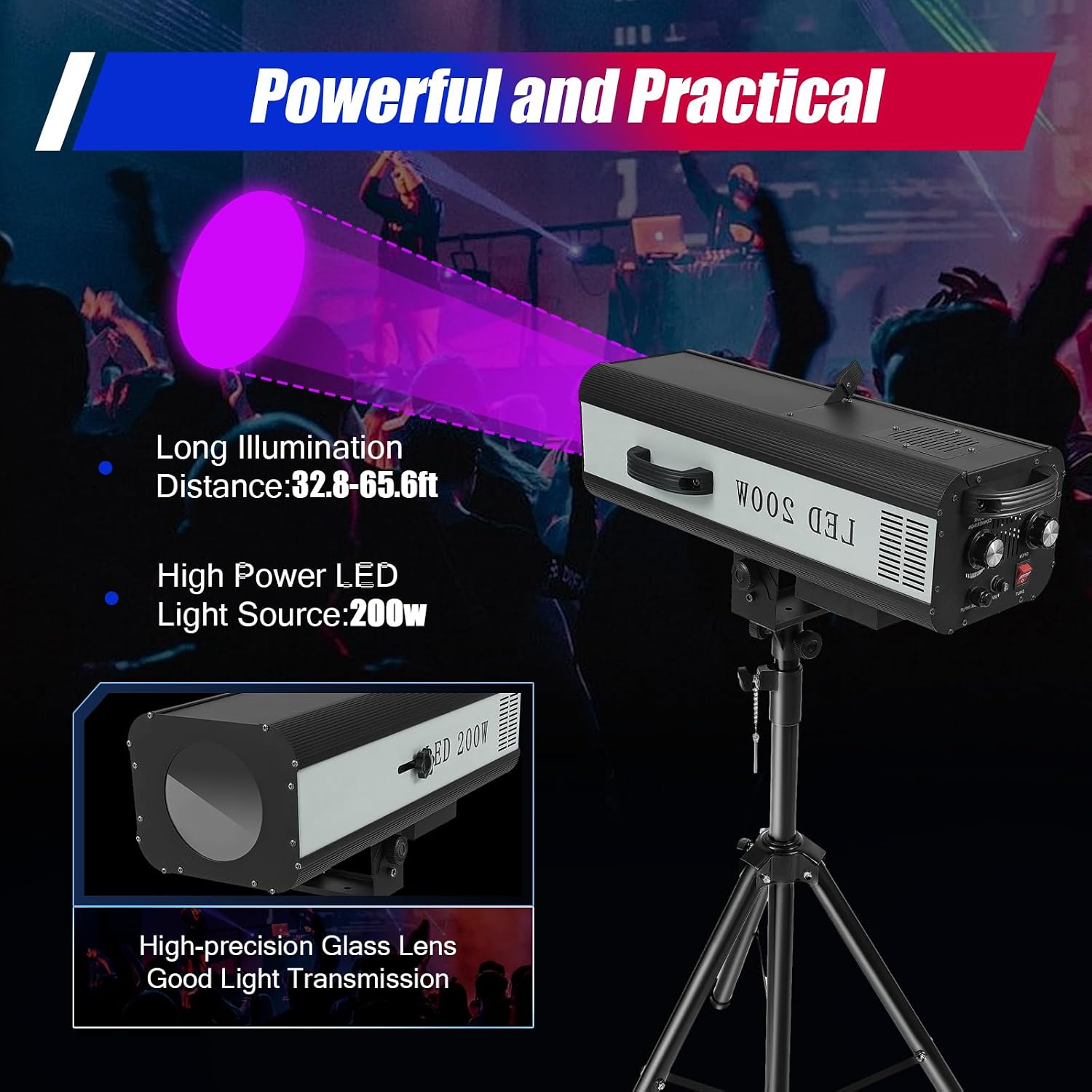 200W LED Follow Spot Light with Stand, Multi-Color Stage Spotlight, Manual Control StageLight Stage Spot Focused Lamp Professional Performance Light for Event, Theater, Disco, Party Show