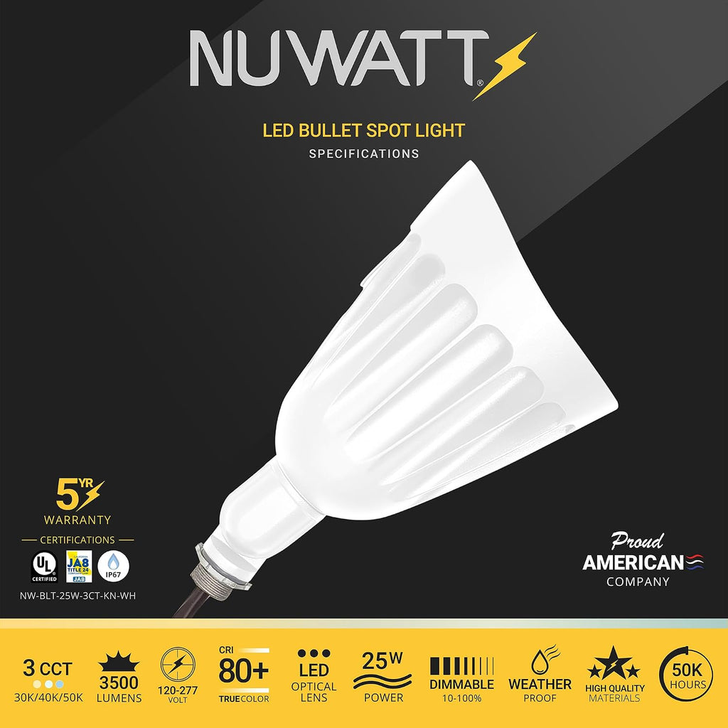 NUWATT 25W Bullet White Spotlight Outdoor LED Landscape Lighting, 3500 LM Bright Outdoor Light for Yard, 30K/40K/50K Selectable, 1/2' Knuckle Mount, 120-277V Waterproof Flag Pole Lights (6-Pack)