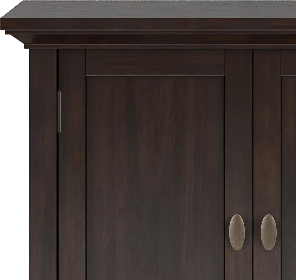 SIMPLIHOME Redmond Storage Cabinet - 32 inch Wide Solid Wood 2-Shelf Low Storage Cabinet in Brunette Brown, Transitional Accent Cabinet for Entryway with Adjustable Shelves and Tapered Legs