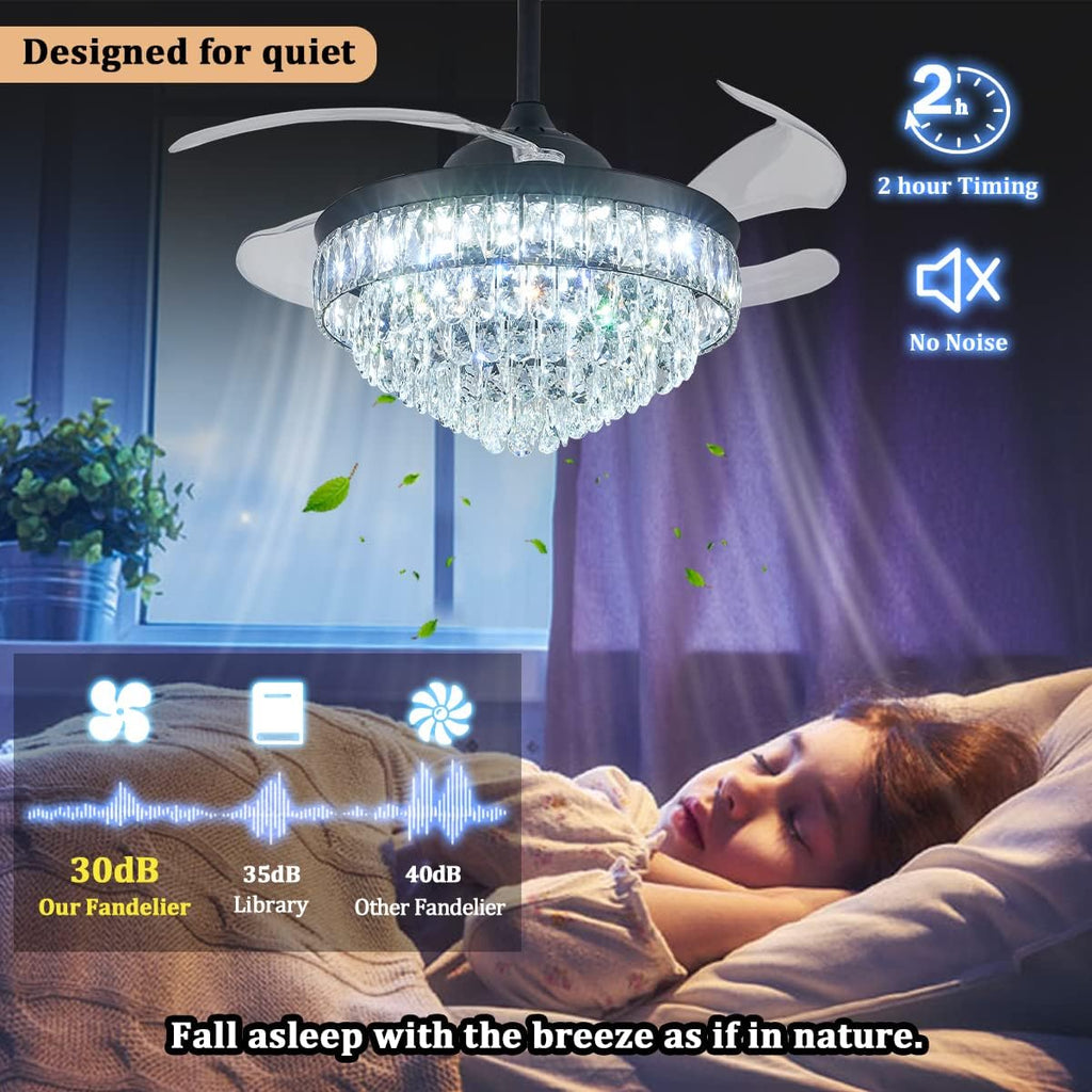 CLAIRDAI 42'' Crystal Fandelier Ceiling Fan with Lights, Stepless Dimmable LED Chandelier Fan, Retractable Blades, Remote & APP Control, 6-Speed Flush Mount for Bedroom Living Room Dining Room