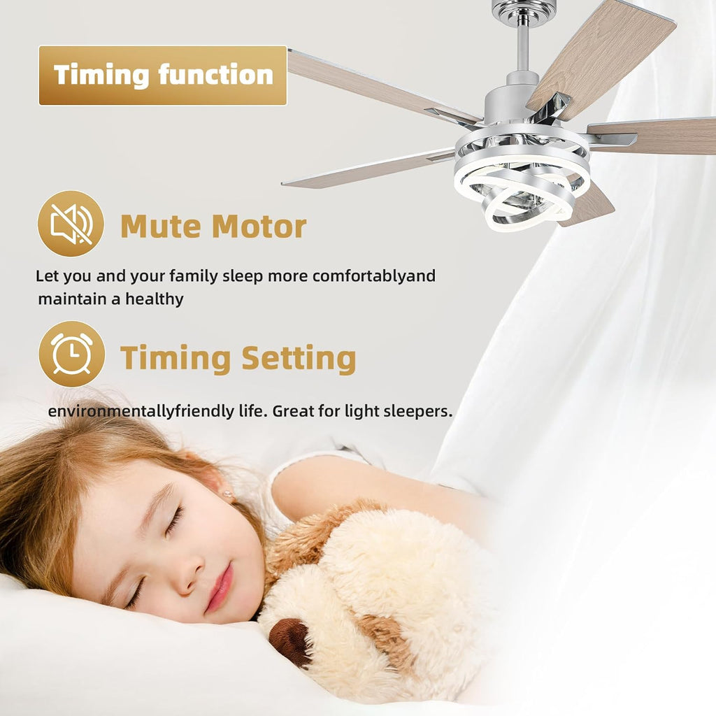 52 Inch Farmhouse Ceiling Fan with Light and Remote Control,Reversible DC Motor,Dimmable,DIY Rings LED,Chandelier Ceiling Fan with 5 Dual Finish Bladesfor Living Room/Dining Room/Bedroom