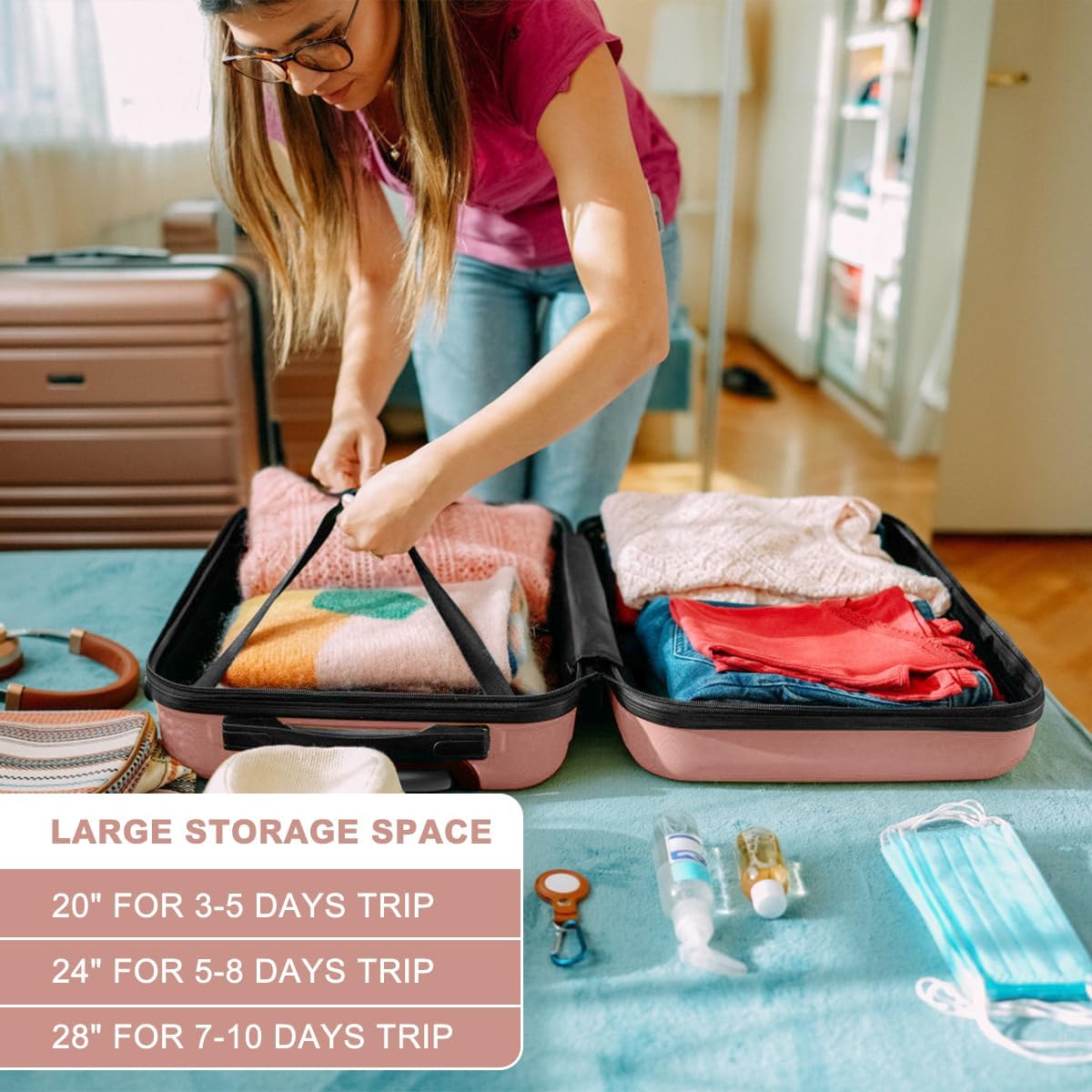 Kono Suitcase Luggage Set Expandable(only 28') Lightweight PC+ABS Carry On Hardside Luggage with TSA Lock Spinner Wheels (Nude/Rose Pink, 6 piece set)