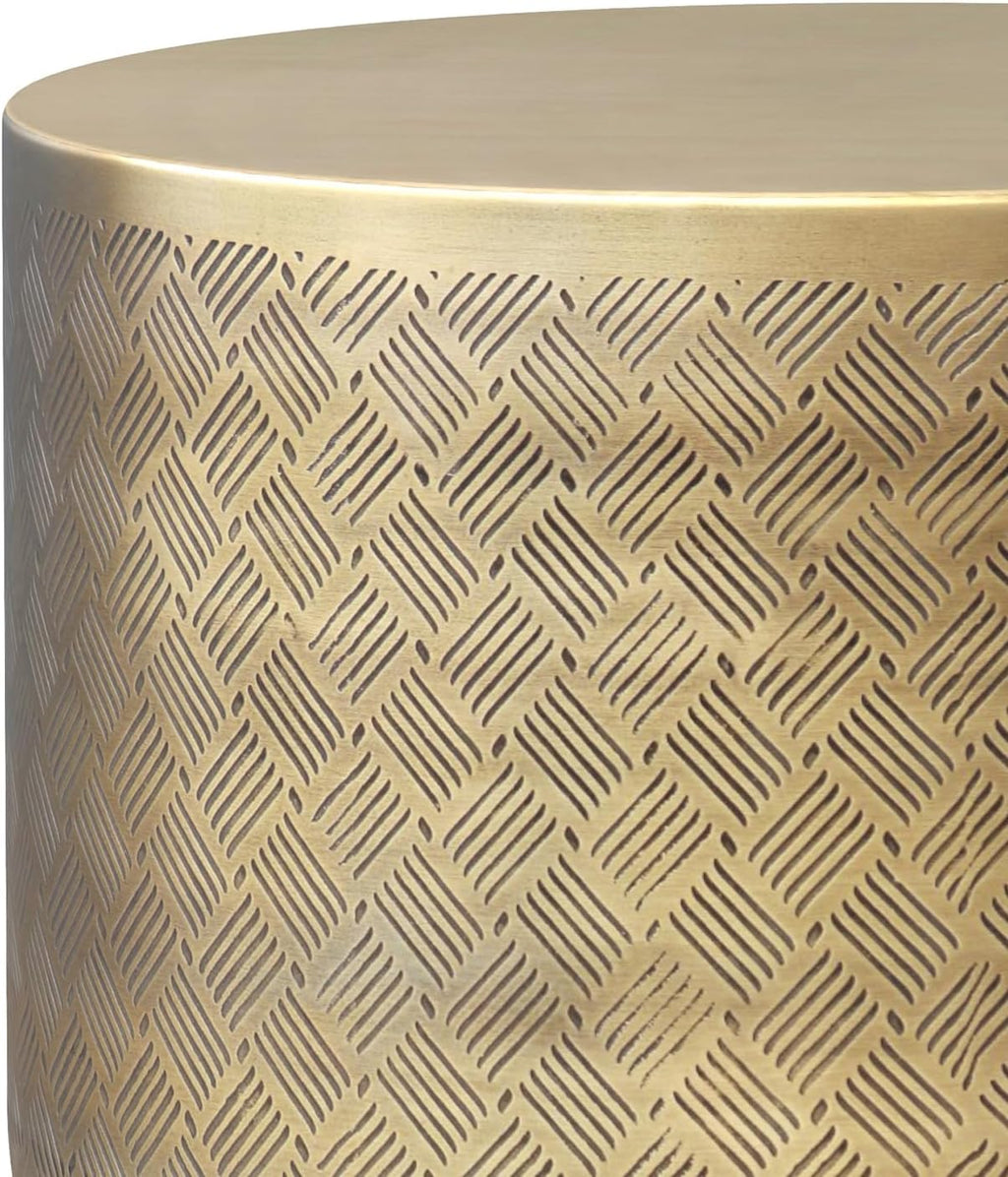 SIMPLIHOME Johnsen Metal Table - 18 inch Wide Solid Iron Round Accent Table in Antique Gold, Boho Side or End Table for Living Room or Family Room with Etched Cross Hatch Pattern, Assembled