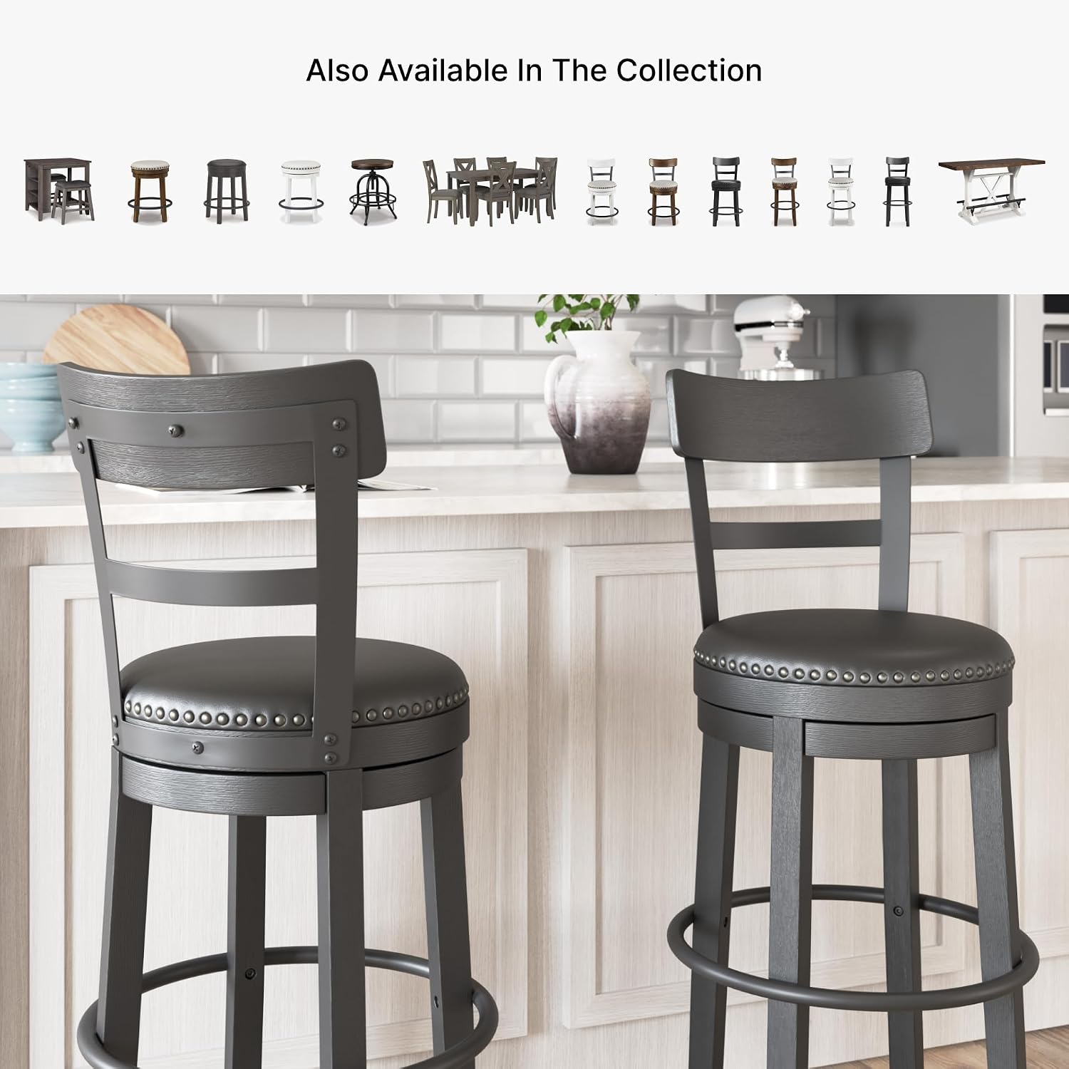 Signature Design by Ashley Valebeck Faux Leather Upholstered Swivel Barstool, Nailhead Trim, Solid Wood, 16.75' W x 19.75' D x 37.25' H, Antique Black