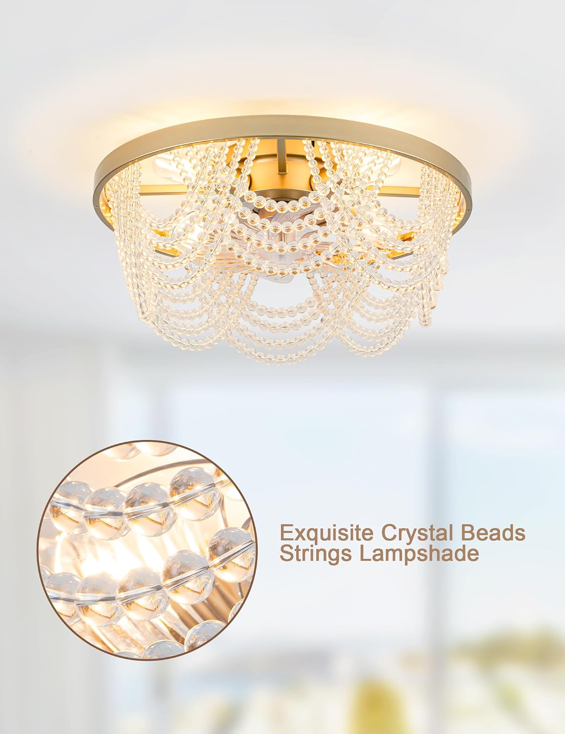 Dawn Whisper 20 Inch Gold Fandelier Ceiling Fans with Lights Flush Mount Low Profile Crystal Chandelier Fans for Bedroom Kids Room