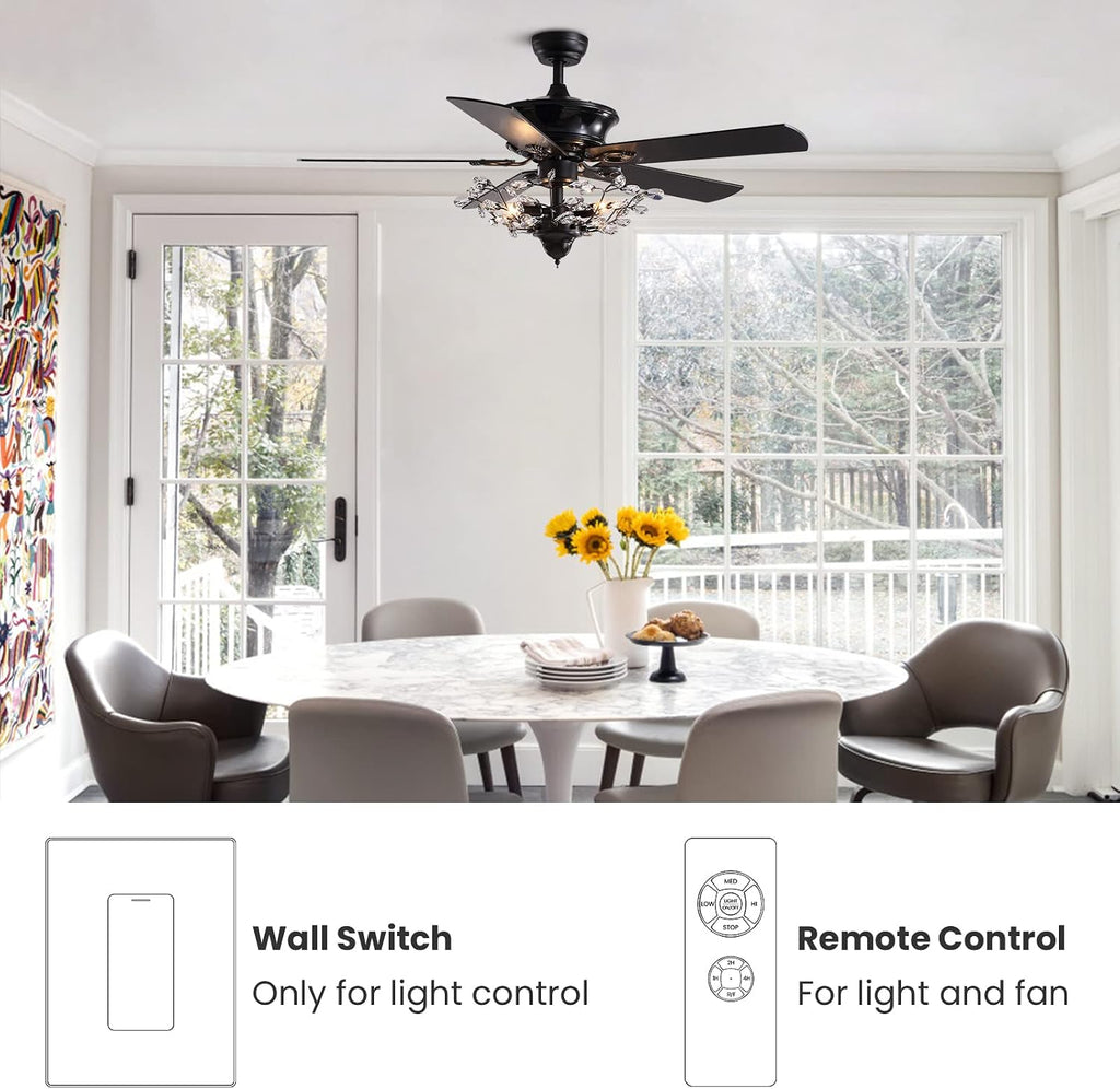 Modern Crystal Chandelier Ceiling Fan Gorgeous Reversible Ceiling Fan Light Fixture with Remote for Bedroom Living Room (Black-2, 50')