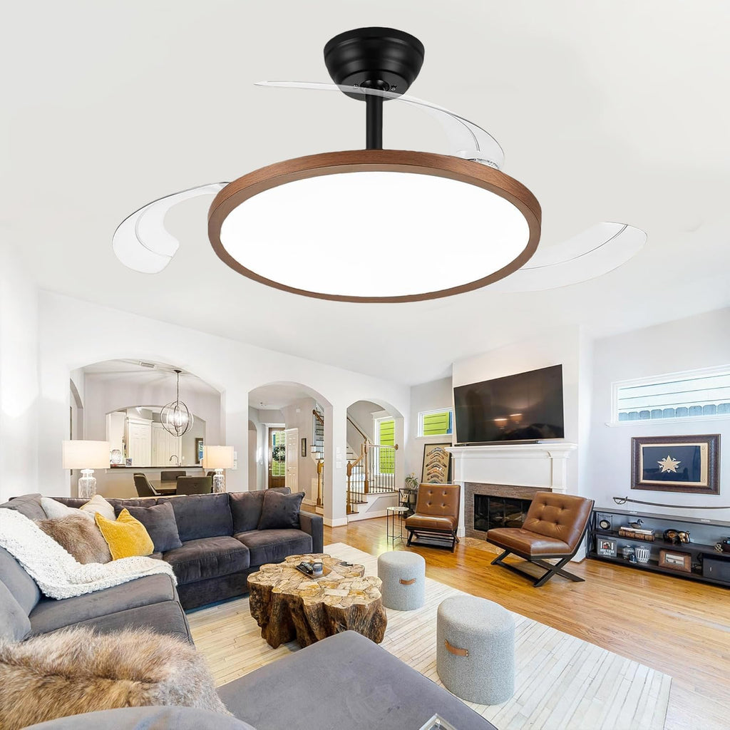 42 Inch Retractable Ceiling Fan with Lights, Fandelier Ceiling Fan for Bedroom Living Room Dinning Room, Chandelier with Fan 6 Speed, 3 Color Temperature, Reversible DC Motor-Black