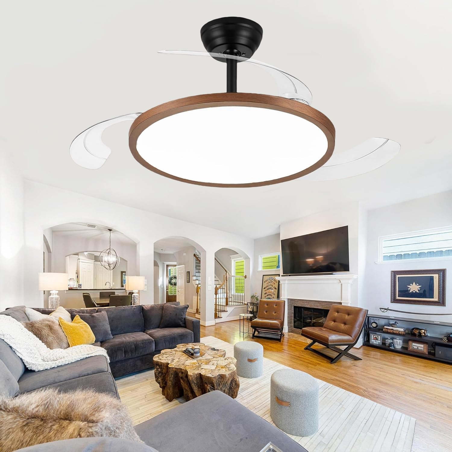 42 Inch Retractable Ceiling Fan with Lights, Fandelier Ceiling Fan for Bedroom Living Room Dinning Room, Chandelier with Fan 6 Speed, 3 Color Temperature, Reversible DC Motor-Black