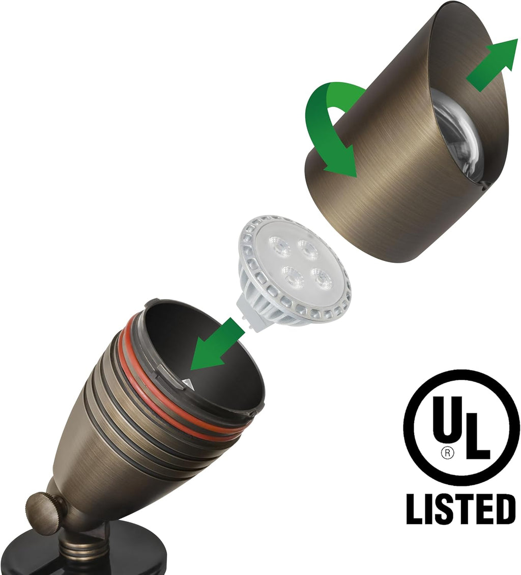 GKOLED UL Listed Solid Brass Landscape Spotlight, Low Voltage Outdoor Directional Uplight, with 5W MR16 LED Bulb & Large Rugged Slot Spike, 12V AC/DC Garden Patio Spot Up Light (10 Pack)