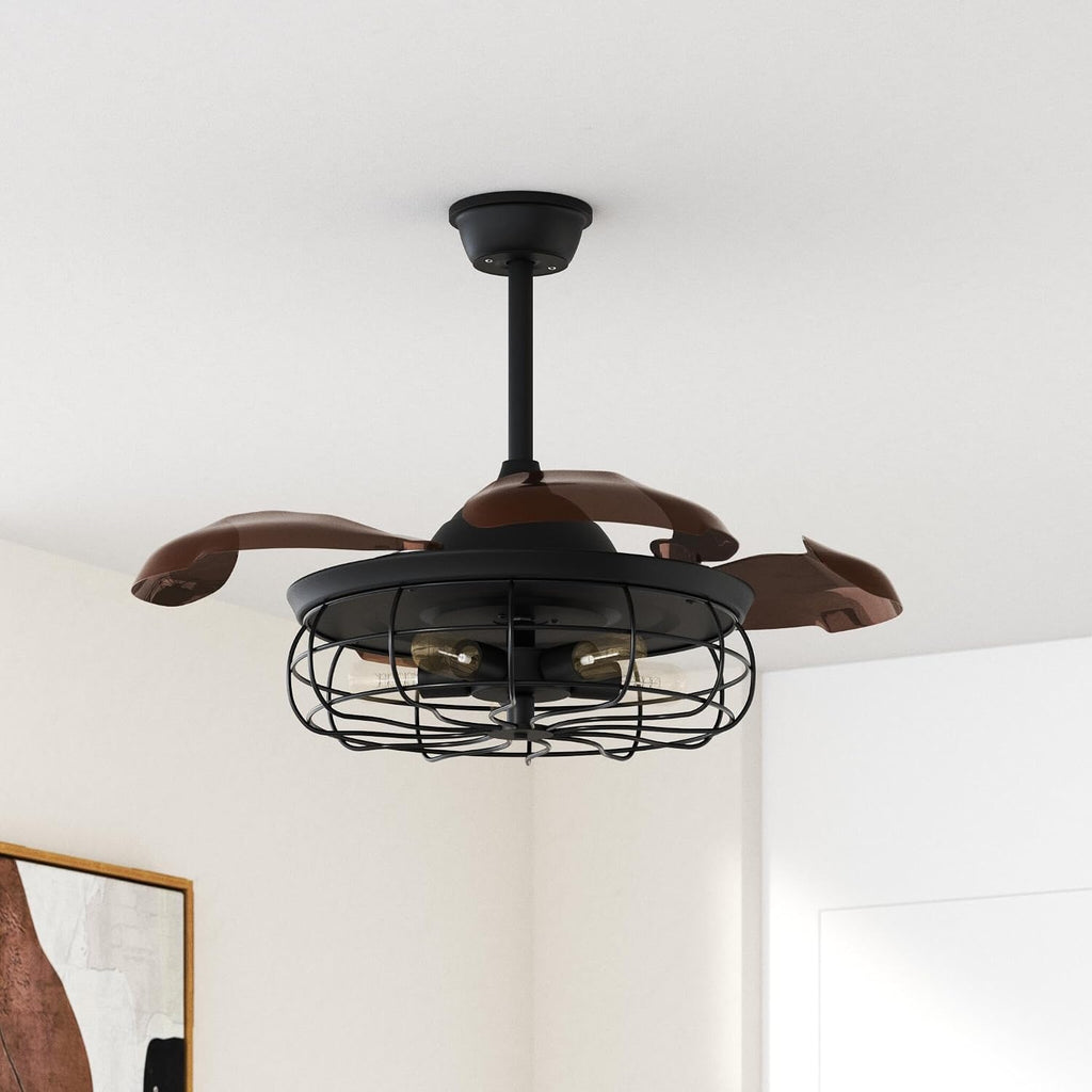 DuMaiWay 36' Caged Ceiling Fan, Industrial Retro Ceiling Fans with Remote Controller Vintage Style for Farmhouse/Living Room/Bedroom/Restaurant 5 Lights 3 Fan Blades Black