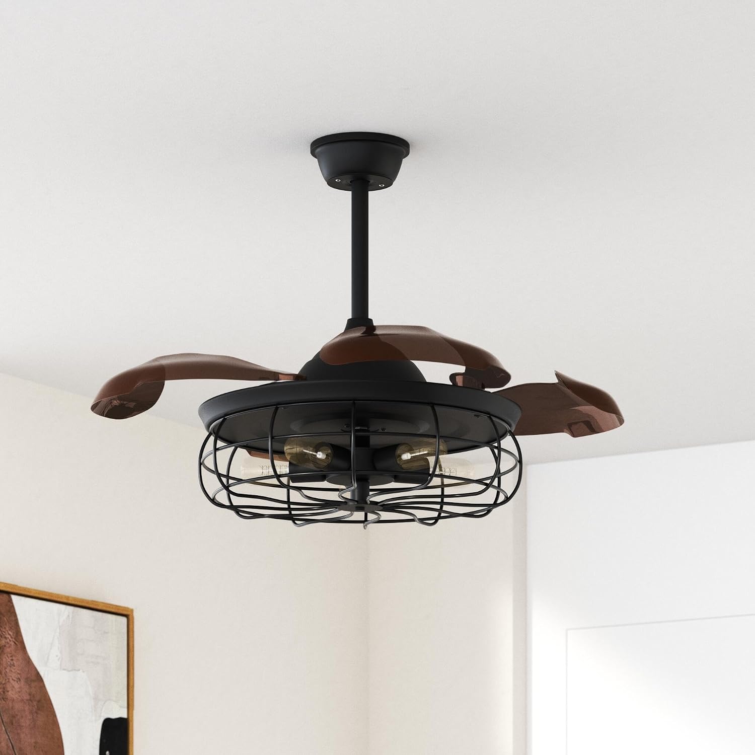 DuMaiWay 36' Caged Ceiling Fan, Industrial Retro Ceiling Fans with Remote Controller Vintage Style for Farmhouse/Living Room/Bedroom/Restaurant 5 Lights 3 Fan Blades Black