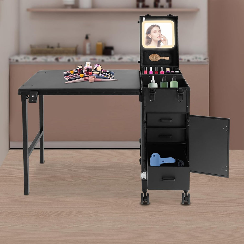 Professional Rolling Makeup Case, Foldable Nail Tables with Detachable Lighted Mirror, Travel Cosmetic Trolley Storage Organizer with Drawers, Manicure for Artist (Black 3)