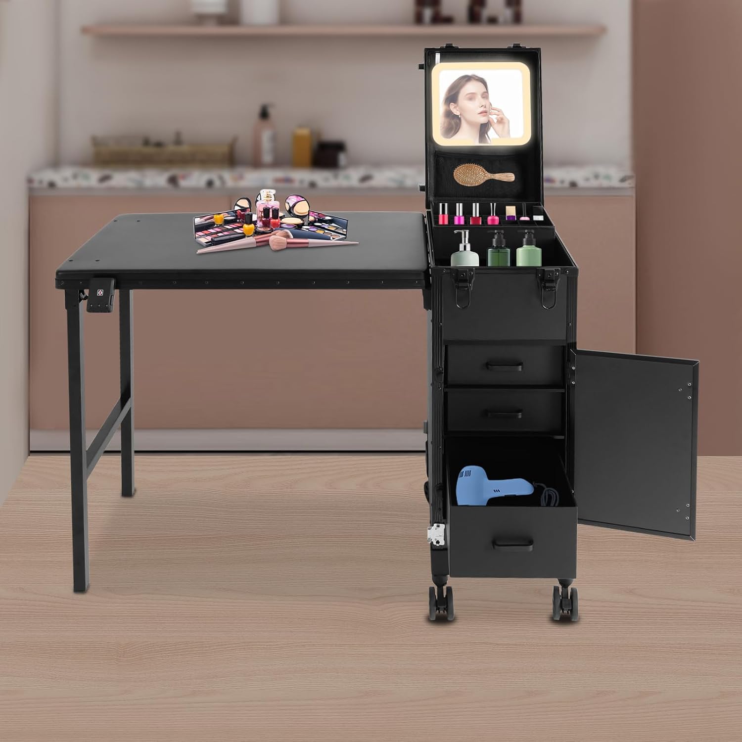 Professional Rolling Makeup Case, Foldable Nail Tables with Detachable Lighted Mirror, Travel Cosmetic Trolley Storage Organizer with Drawers, Manicure for Artist (Black 3)