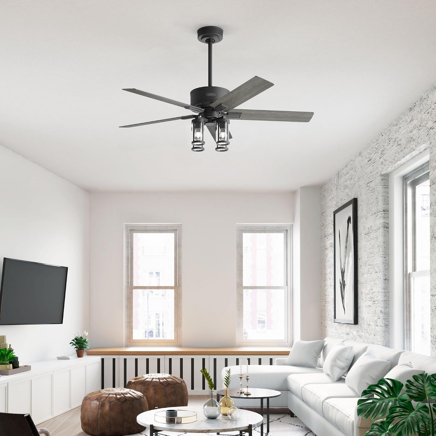 Hunter - Astwood II Indoor Ceiling Fan With Light, Remote, 52-inch, Casual-style, 4-speed WhisperWind Motor, Ceiling Fans for living rooms, bedrooms, home offices, kitchens (Matte Black)