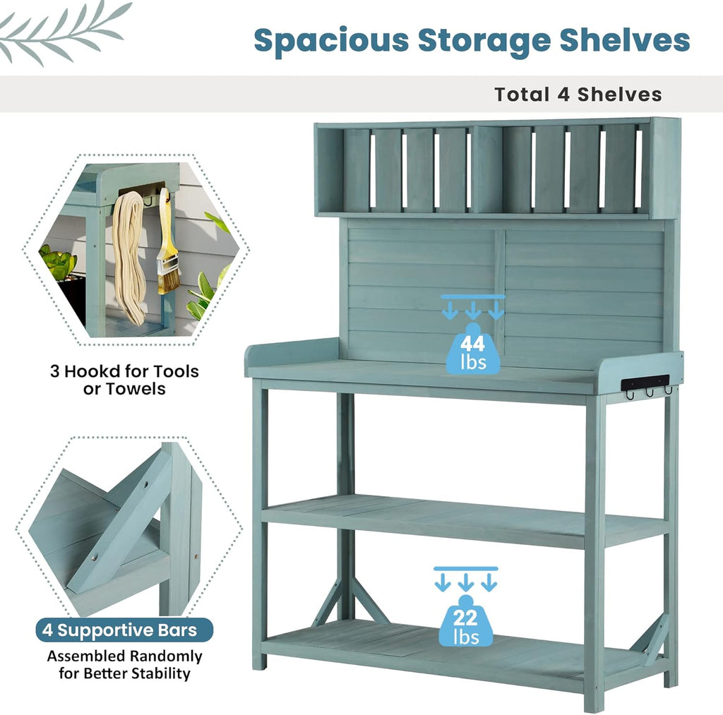 KUIKUI Potting Table, Outdoor Potting Bench with 4 Storage Shelves and Side Hook, Gardening Tables for Outdoors, 46.9x19.3x65inch, Green