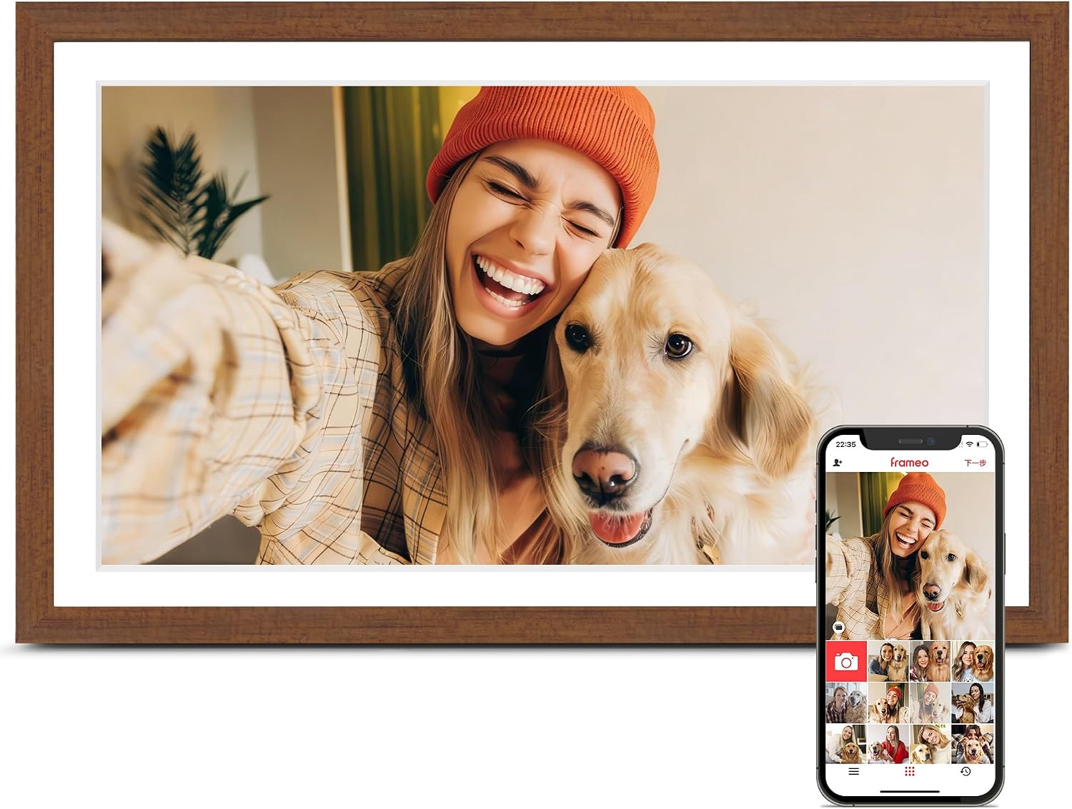 Digital Picture Frame, 15.6 Inch Frameo Digital Frame WiFi, 1920 * 1080 IPS FHD Touchscreen, 32GB, Tabletop&Wall-Mounted, Share Picture Video, Large Electric Photo Frame, Mom Gifts, Teak Woodgrain