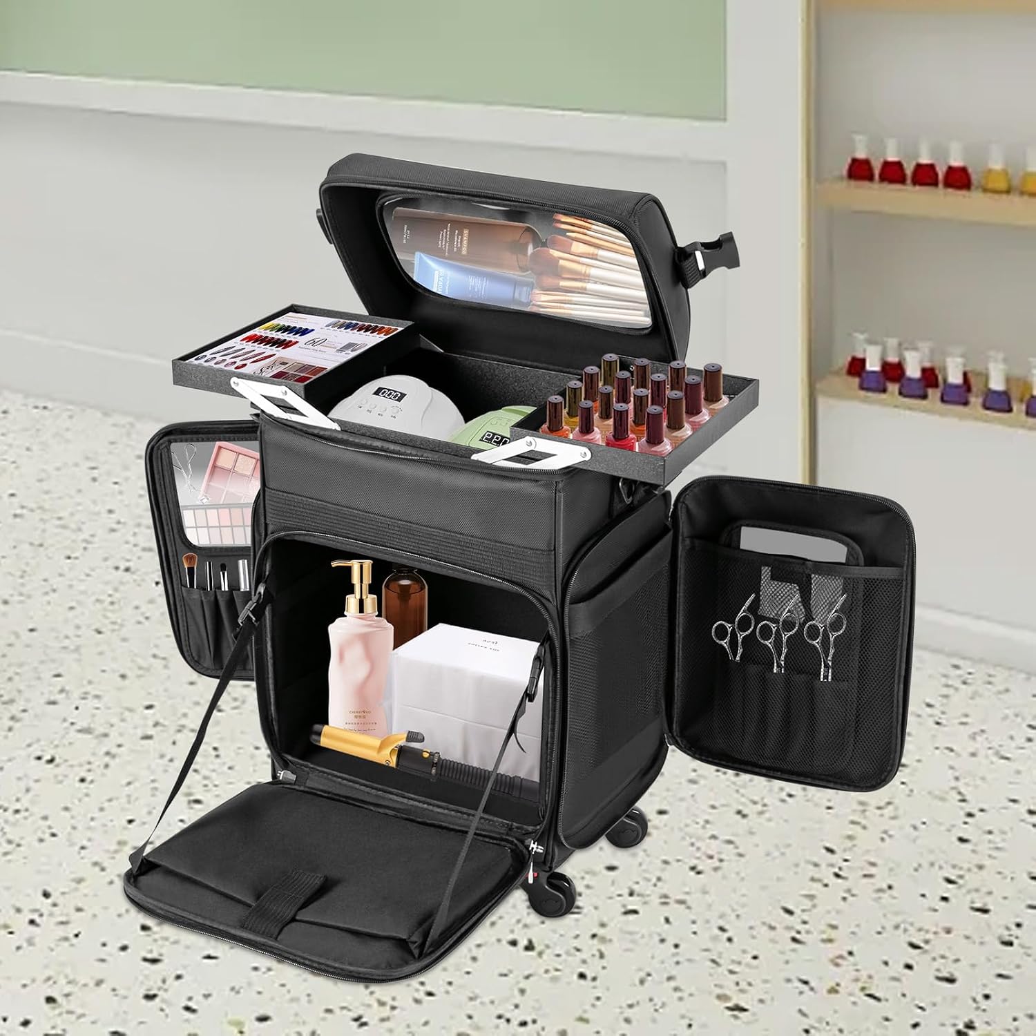 Rolling Makeup Train Case, Professional Soft Sided Makeup Case with Detachable Pouch and Wheels, Trolley Cosmetology Cosmetic Makeup Case for Hairdressing Makeup Tools
