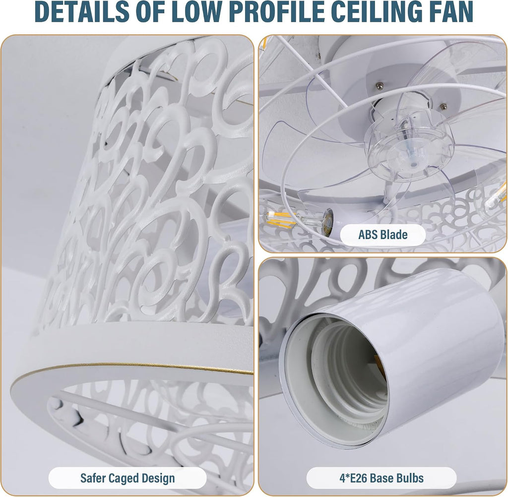 COCOSTAR Small Farmhouse Ceiling Fan with Light and Remote//APP, 20in White Caged Fandelier with Lights for Kitchen, Bedroom（4 Speed, Timing）