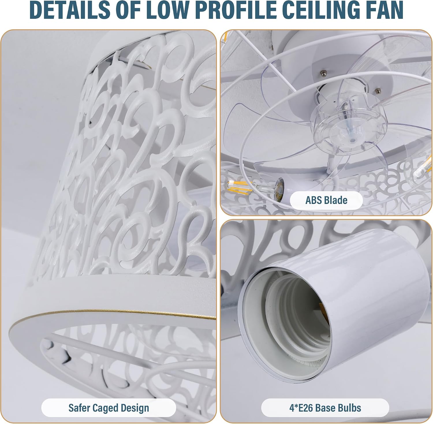COCOSTAR Small Farmhouse Ceiling Fan with Light and Remote//APP, 20in White Caged Fandelier with Lights for Kitchen, Bedroom（4 Speed, Timing）