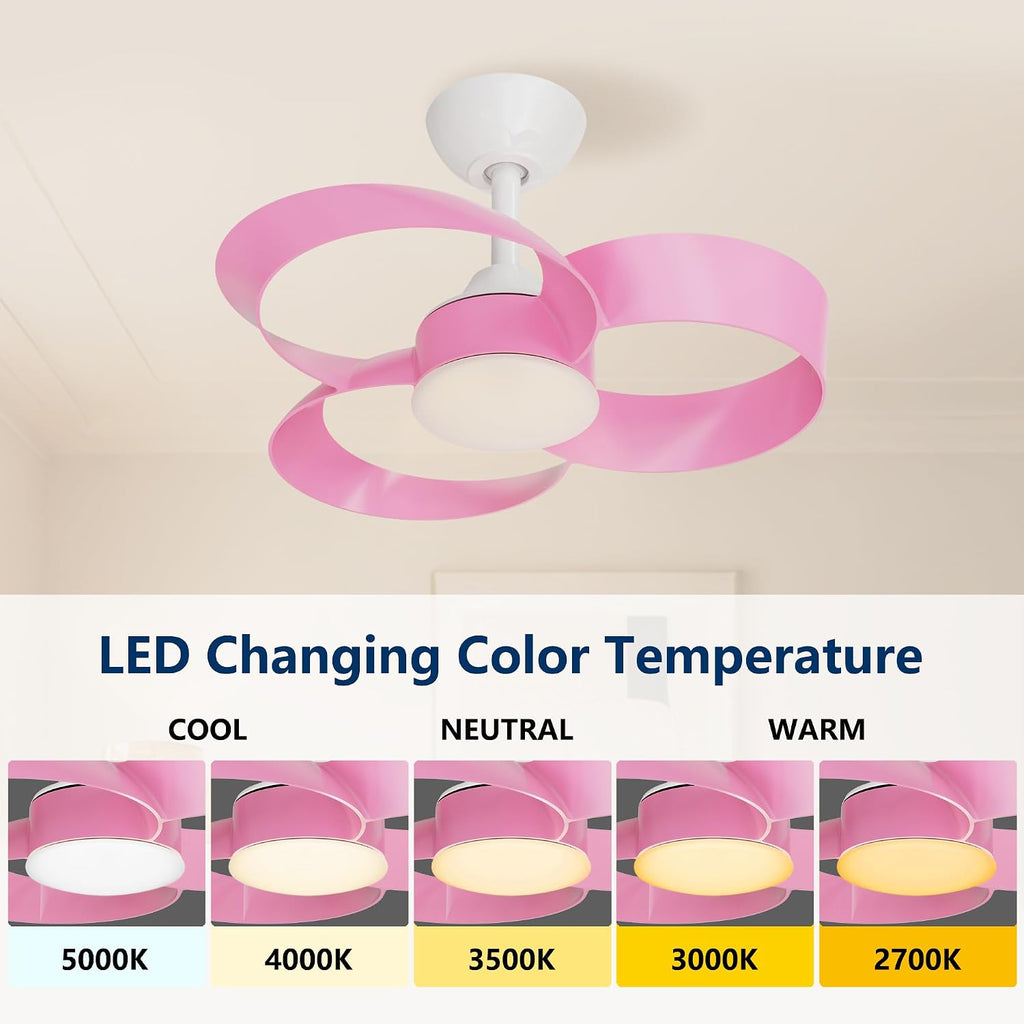 FANX 22 Inch Ceiling Fan with Light and Remote, Quiet DC Motor, Dimmable LED, Reversible 3-Speed Control, Easy Installation Downrod Fan for Small Rooms (Pink)