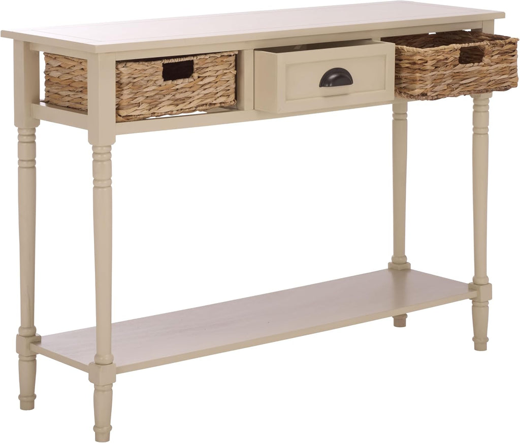 SAFAVIEH Home Collection - Christa Entryway Console Table, Sand Solid Wood 3-Drawer Storage Sofa Table with Rattan Baskets (AMH5737G)