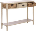 SAFAVIEH Home Collection - Christa Entryway Console Table, Sand Solid Wood 3-Drawer Storage Sofa Table with Rattan Baskets (AMH5737G)
