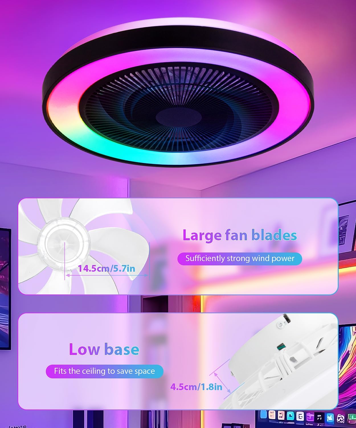 2-in-1 Low Profile Ceiling Fan with Light, 20' Caged Safety Design for Kids - RGB Color, Smart APP/Remote Control, Quiet Flush Mount DC Motor, Ideal for Bedroom/Living Room/Kitchen, Black