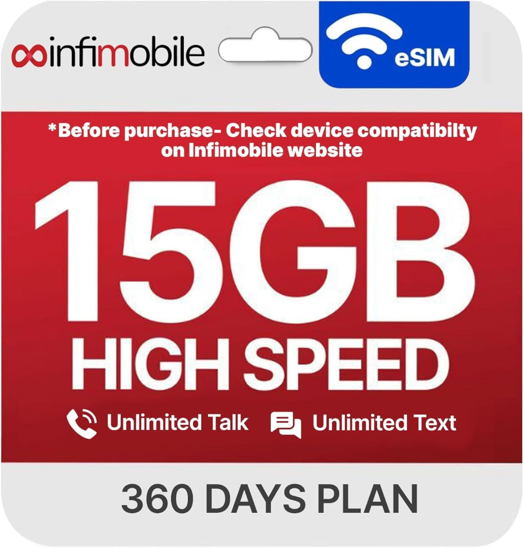 Infimobile Prepaid Unlimited Plan: 12 Months | 15GB High-Speed Data Per Month | Unlimited Data Talk & Text | Prepaid Plan eSIM USA, Quick Activation | Nationwide Coverage | 4G, 5G Network (T-Network)