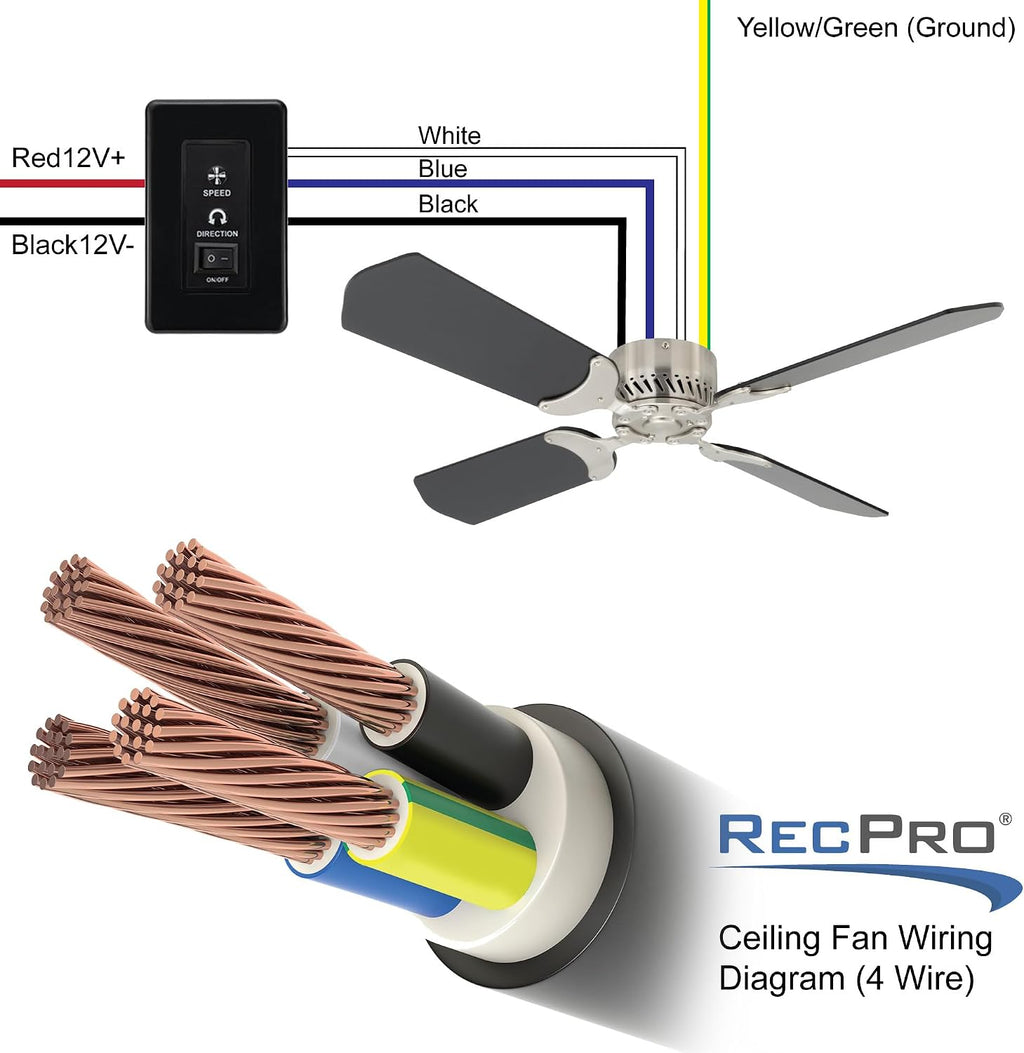 RecPro RV 12V Ceiling Fan | 4-Blade | 4-Speed | Near Silent Operation | Reversing Direction Wall Control (Brushed Nickel: Cherry Blades, 42')