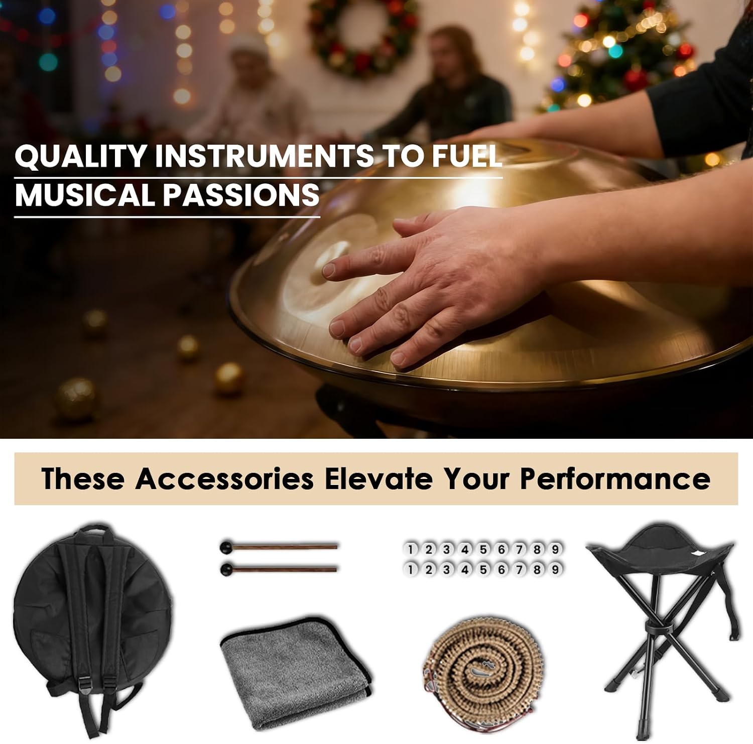 'SINGOFIRE' 10-Notes Handpan Drum, Handpan Drums for Adults, 22-Inch 440Hz D Minor Kurd Handpan, Handpans Instrument with Soft Drum Bag, 2 Handpan Mallets, Stand and Dust-Free Cloth(Gold)