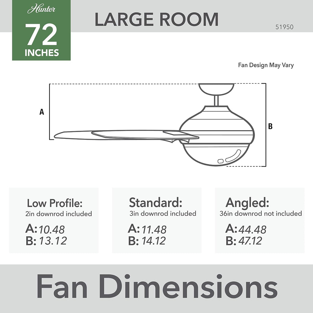 Hunter 72 inch Indoor Ceiling Fan with LED Light and Remote Control - Black Smart Ceiling Fan, Standard Mount, 6 Blades, for Bedroom or Living Room, Quiet - Gravity 51950, Matte Black