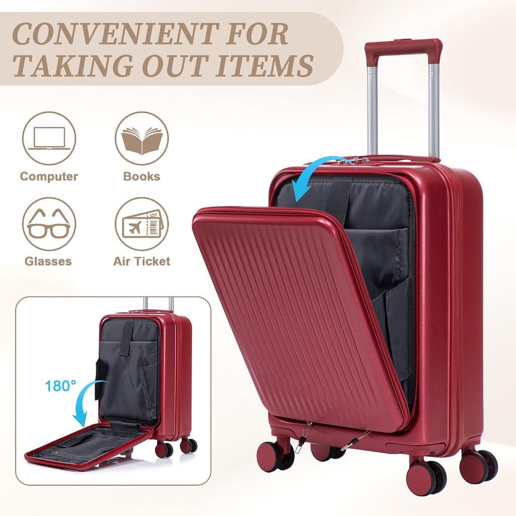 Two-piece luggage set with swivel wheels black hard shell 20-inch carry-on and 14-inch vanity case (Red)