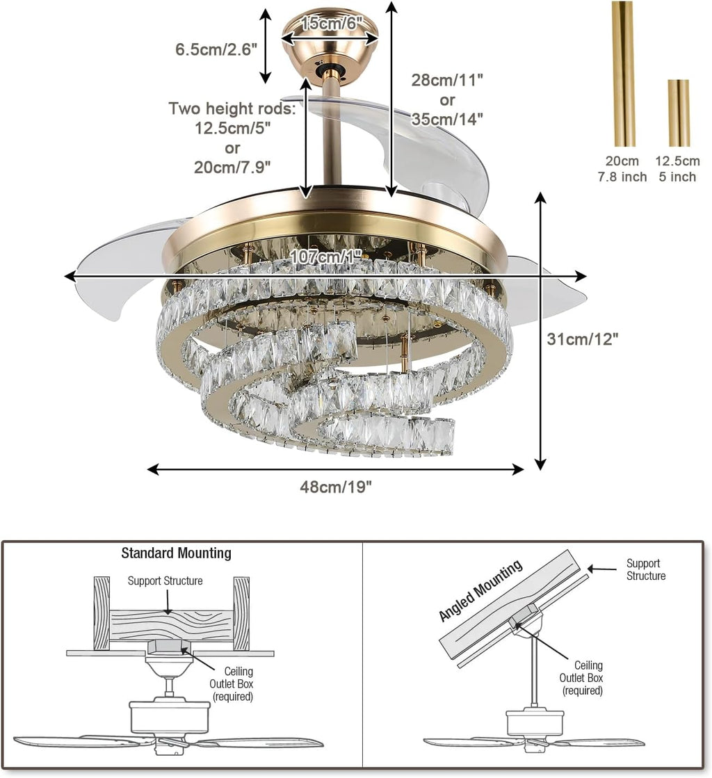 42'' Dimmable Ceiling Fan with Light and Remote Crystal Modern Chandelier Fan Retractable Fandelier with Memory, Silent Motor, 6 Speed, 3 Color Change, Timer Function(Gold)