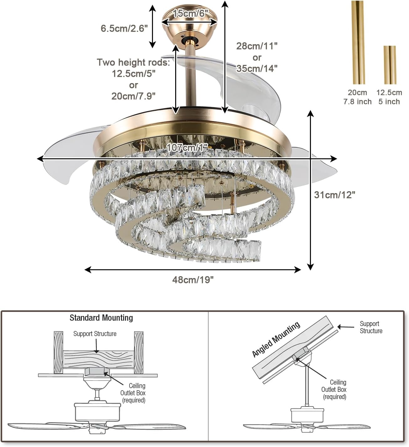 42'' Dimmable Ceiling Fan with Light and Remote Crystal Modern Chandelier Fan Retractable Fandelier with Memory, Silent Motor, 6 Speed, 3 Color Change, Timer Function(Gold)