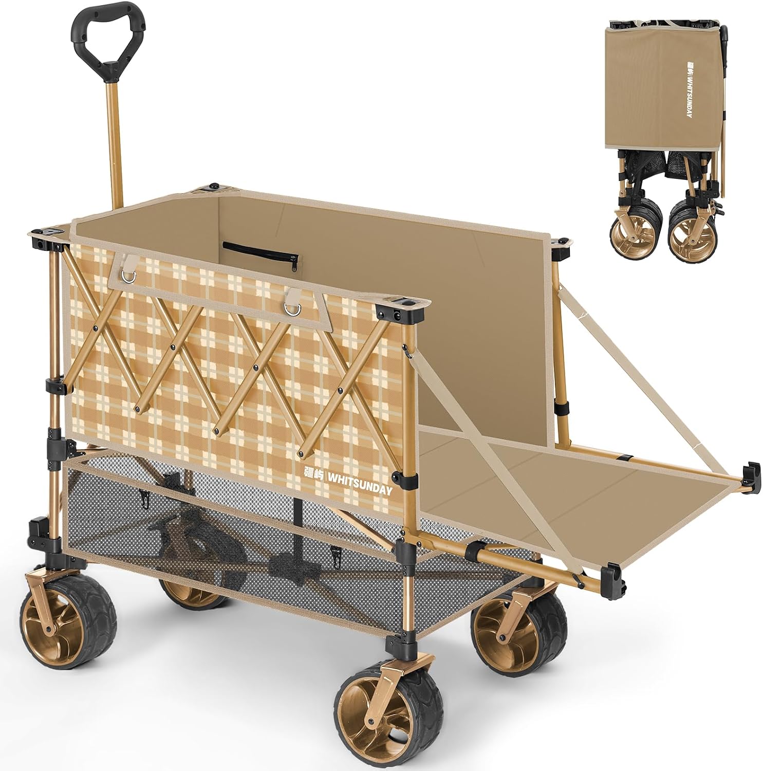 Whitsunday Double Decker Wagon, Heavy Duty Foldable Large Beach Wagon Cart with All-Terrain Big Wheels for Sports,Camping,Outdoor Yellow