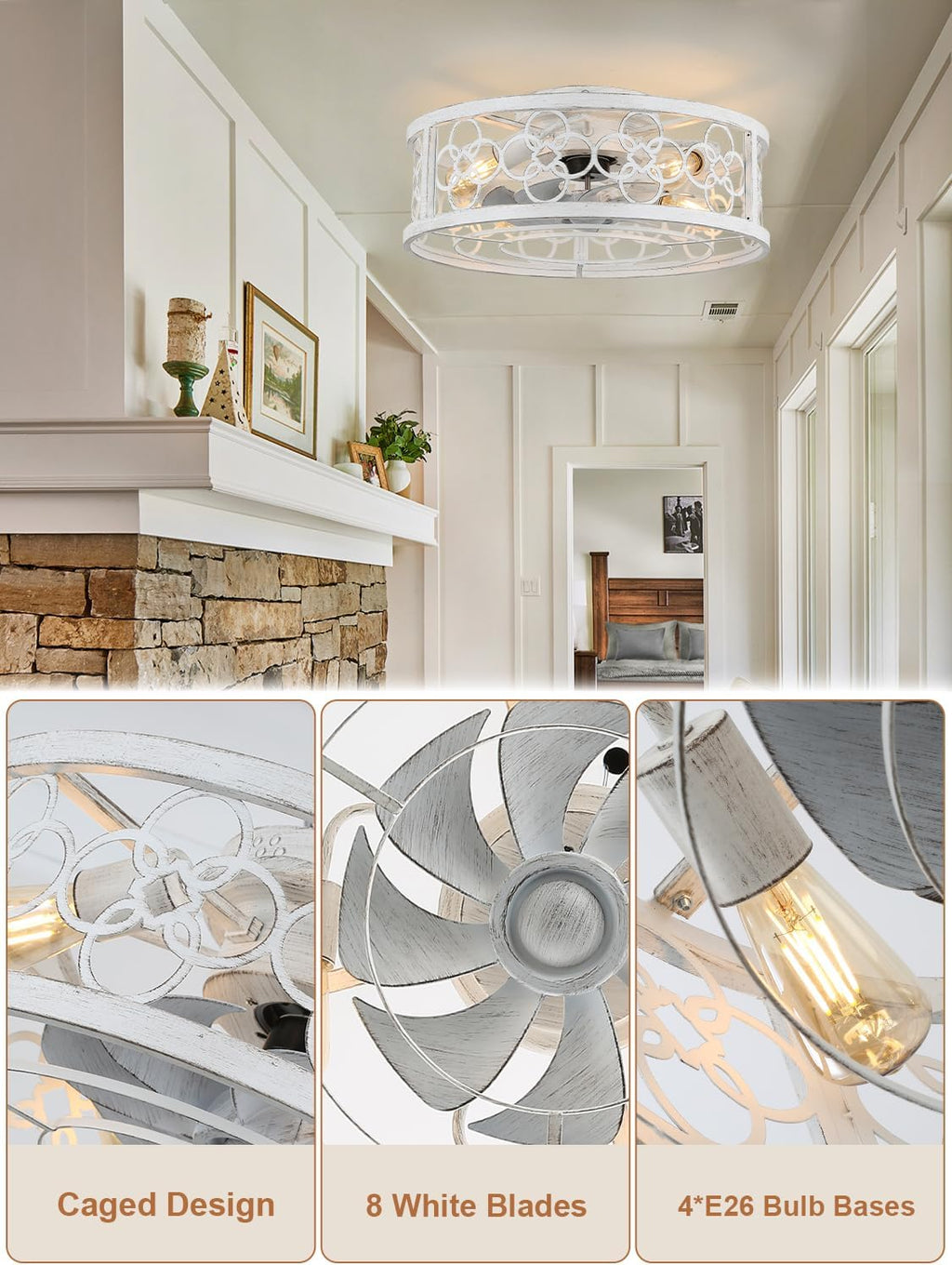 20' Caged Ceiling Fan with Light, Fandelier Ceiling Fan with Light, Low Profile Flush Mount for Bedroom, Living Room
