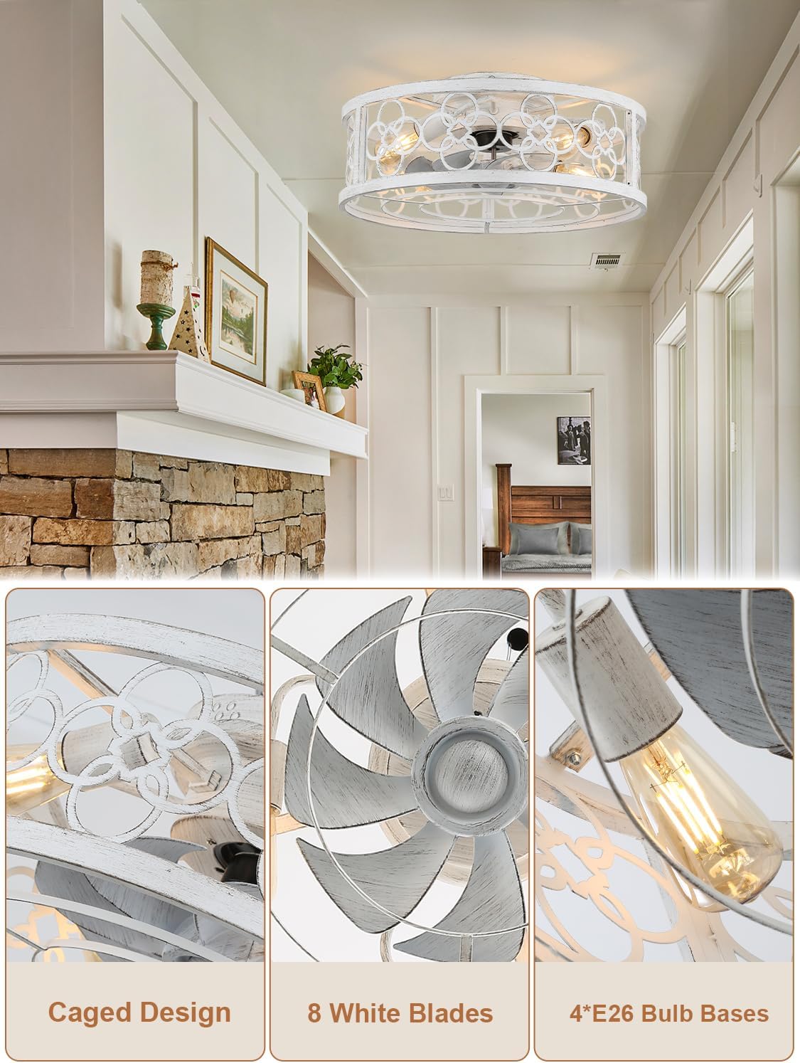 20' Caged Ceiling Fan with Light, Fandelier Ceiling Fan with Light, Low Profile Flush Mount for Bedroom, Living Room