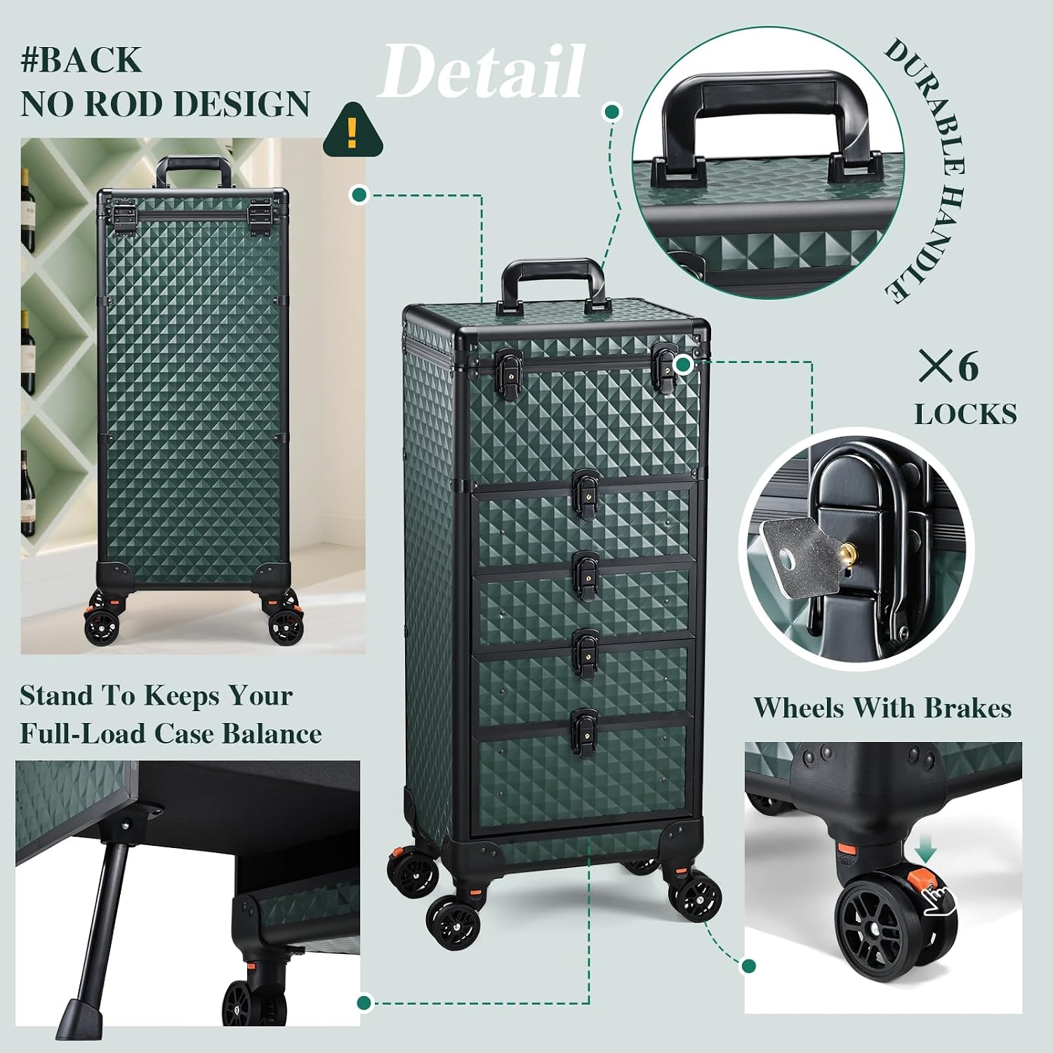 Yueieoun Nail Salon Cart with 4 Drawers,Rolling Makeup Train Case for Beauty,Cosmetology Case on Wheels Trolley Cart,Lockable Organizer Travel Case for Manicure/Face Painting/Hairstylist,DARK GREEN
