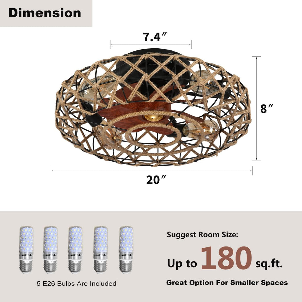 20''Rustic Hemp Rope Caged Ceiling Fans with Lights and Remote Hand-Woven Rattan Flush Mount Ceiling Fan with Light Farmhouse Boho Include Bulbs 6 Speeds Reversible for Bedroom,Kitchen Island