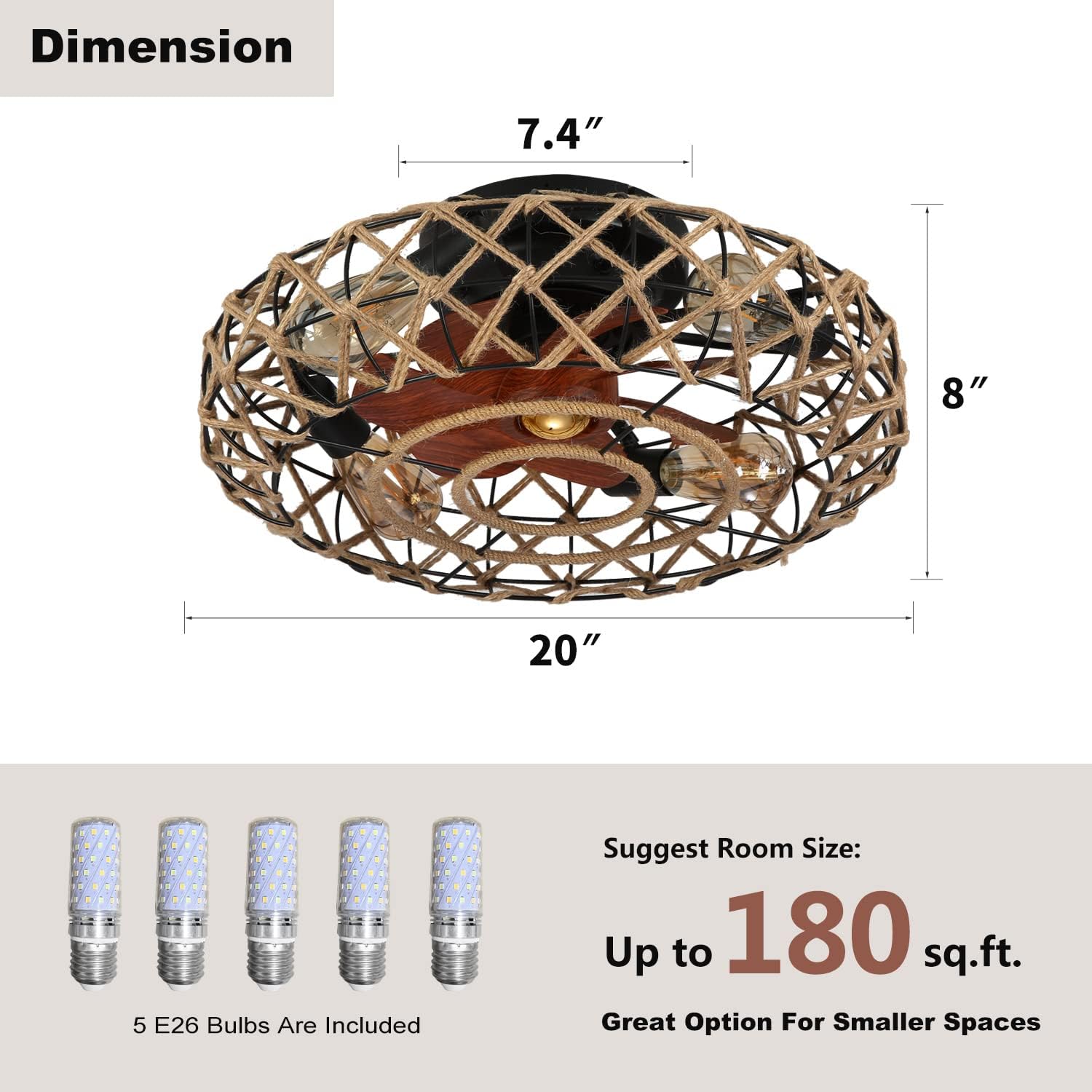 20''Rustic Hemp Rope Caged Ceiling Fans with Lights and Remote Hand-Woven Rattan Flush Mount Ceiling Fan with Light Farmhouse Boho Include Bulbs 6 Speeds Reversible for Bedroom,Kitchen Island