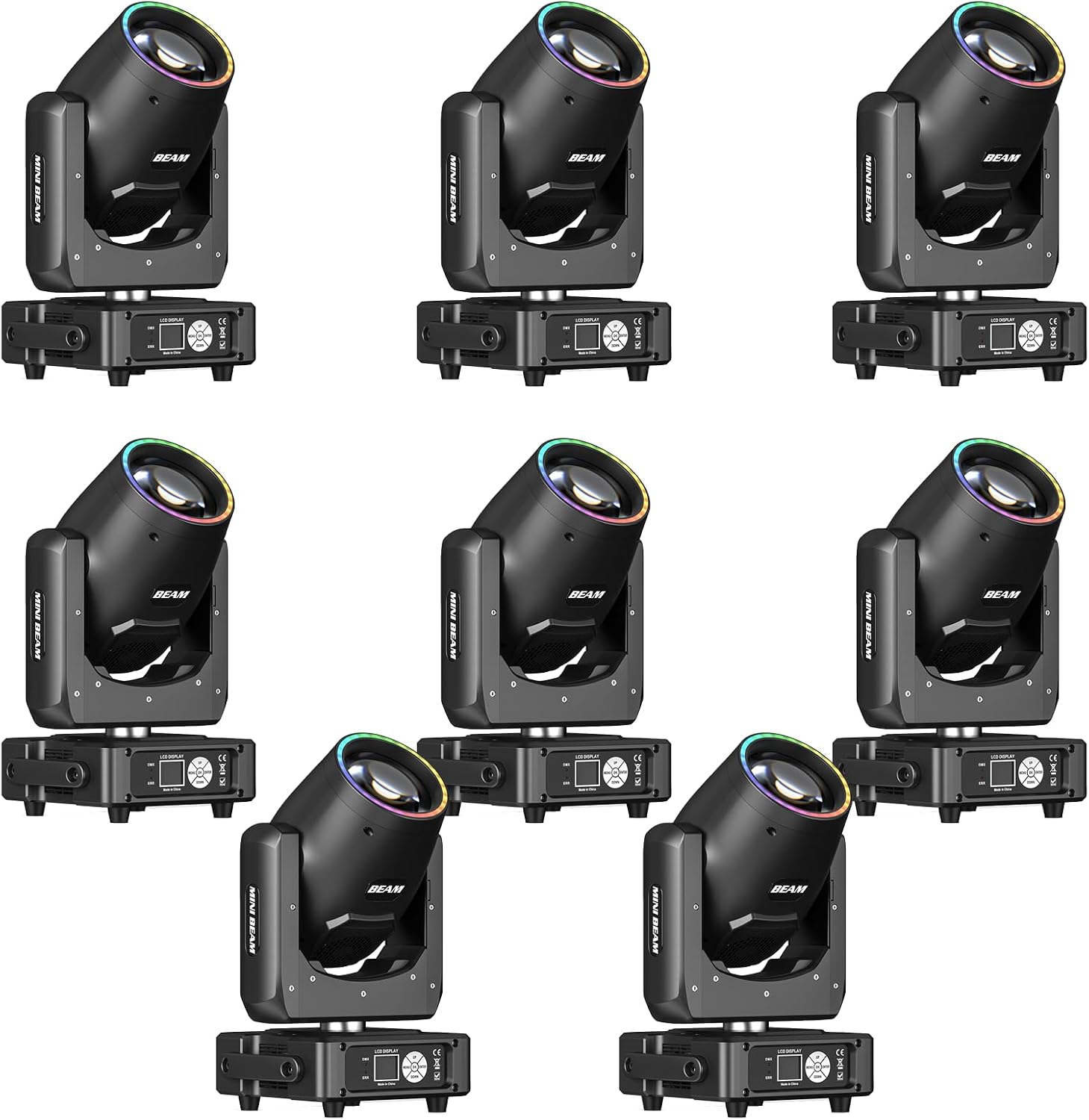 8 Pack 230W 7R Beam Moving Head Lights 14Gobos 14 Colors Prisms/Wash/Beam/Frost/Rainbow Stage Effect Spotlights 48-Facet Prism 2.3° Beam Angle 18CH DMX512 Sound Activated Lights