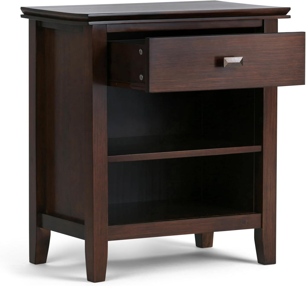 SIMPLIHOME Artisan Bedside Table - 24 inch Wide Solid Wood Nightstand Table in Russet Brown, Transitional Bedroom Side or End Table with 1 Drawer and Open Shelf Storage
