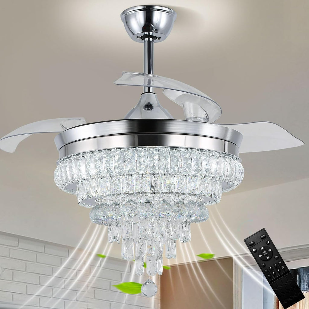 CLAIRDAI 42'' Crystal Ceiling Fan with Light, Dimmable LED Fandelier, Retractable Blades, Remote, 6-Speed Reversible, Flush Mount for Bedroom Living Room Dining Room