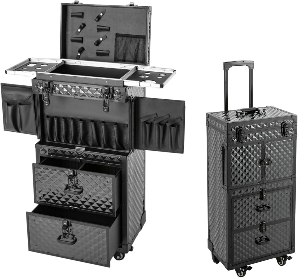 Rolling Makeup Cosmetology Train Case with Key Swivel Wheels Large Cosmetic Organizer Train Case Makeup Travel Case with Password Locks Traveling Cart Trunk Black Traveling Cart Trunk Black
