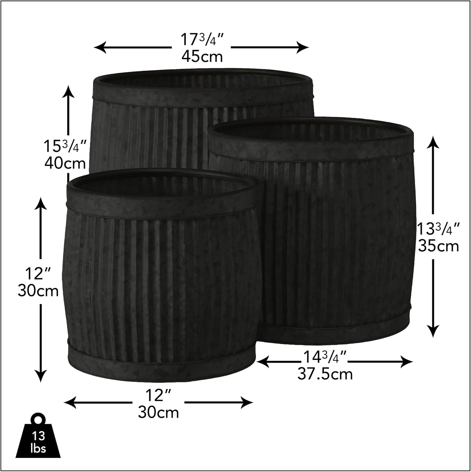 WHW Whole House Worlds French Country Style Belly Bucket Planters, Round, Set of 3, Iron, Glossy Black, Corrugated Cache Pots, Rustic, Large Capcity, from Over 1 Ft Diameter (17-12 Inches)
