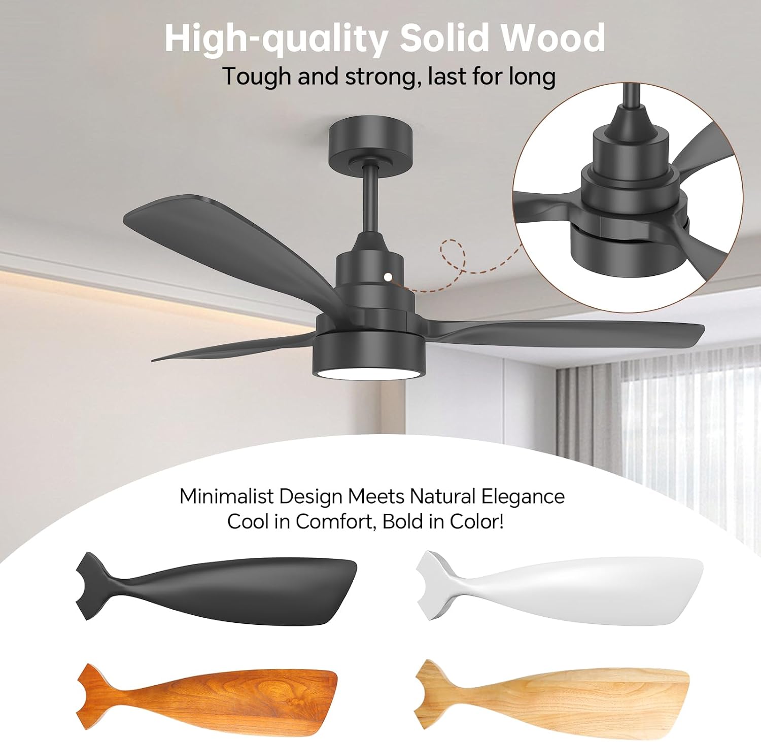 CACI Mall 48 inch Smart Ceiling Fans with Lights, Black, Low Profile, Modern, 3 Blades, Solid Wood, Remote Control, Work with Alexa/Google, Outdoor Indoor Ceiling Fans for Patio Living Room Bedroom